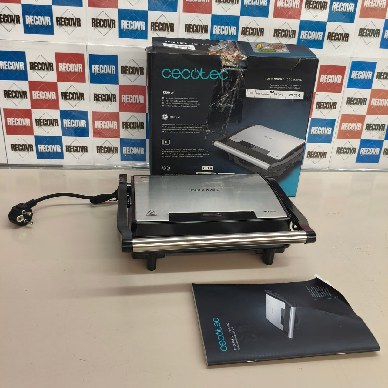 Cecotec Grelha Elétrica Rock'Ngrill 1500 Rapid, 1500 W, Revestimento de Pedra Rockstone, Placa Superior Ajustável em Altura, Bandeja Coletora de Gordura, 12,4X30,8X33,2 Cm