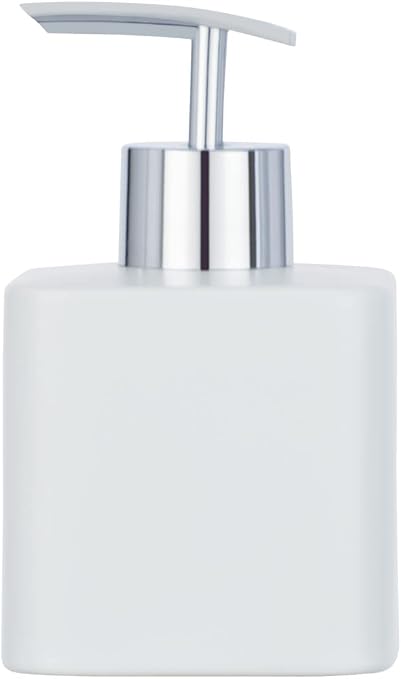 WENKO Seifenspender Hexa, nachfüllbarer Pumpspender aus Keramik para 290 ml Flüssigseife, silberner Pumpkopf, 7,5 x 13 x 8,5 cm, Blanco matt