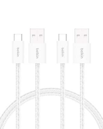 Belkin 2er-Pack geflochtenes USB-A auf USB-C Cable de carga, 1,5 m, 15W, biegsames, flexibles Cable de carga rápida, USB-C Cable para iPhone 17 y 16, Galaxy S25, Pixel 10, iPad Pro usw. – Blanco