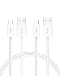 Belkin 2er-Pack geflochtenes USB-A auf USB-C Cable de carga, 1,5 m, 15W, biegsames, flexibles Cable de carga rápida, USB-C Cable para iPhone 17 y 16, Galaxy S25, Pixel 10, iPad Pro usw. – Blanco