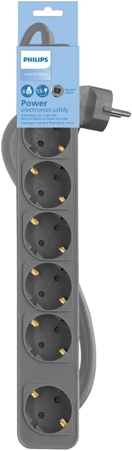 Philips Multipresa CHP2164G - 6 Prese, Cavo 1,5 m, Interruttore Principale, Sicurezza Automatica, LED di Stato - Grigio