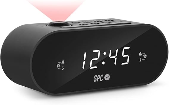 SPC Frodi MAX - Radiodespertador Compacto con proyector de Hora Regulable, Gran botón de Snooze/Sleep, Alarma Dual, Pantalla XL, números Grandes, Pila de Reserva