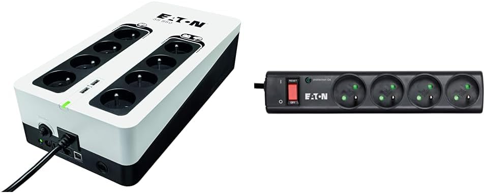 Eaton Onduleur Parafoudre 3S 850 FR - Off-Line UPS - Alimentation sin Interruption - Puissance 850VA (8 Prises FR, Silencieux, 2 Ports de Charge USB Type-A) - Interface USB - Negro&Blanco (3S850F)