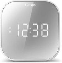 TAR4406/12 Despertador Philips Radio, con Pantalla de Espejo para la cabecera, Radio Digital con Doble Alarma, Temporizador para Dormir y función de repetición, batería portátil de Reserva, con USB