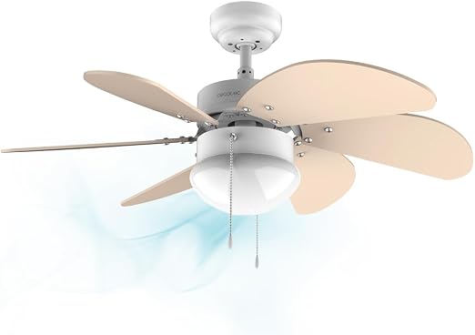 Cecotec Ventilador de techo EnergySilence 3600 Vision SunLight. 50 W, Diámetro 92 cm, Lámpara, 3 Velocidades, 6 Aspas reversibles, Función Verano/Invierno, Interruptor de Cadena, Blanco/Amarillo