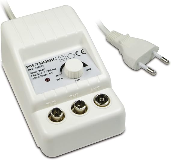 Metronic - 332177, amplificador de antena de TV interior para canales de TDT, compatible con 4G/5G, 26 dB, 2 salidas con toma de TV de 9,52 mm, blanco