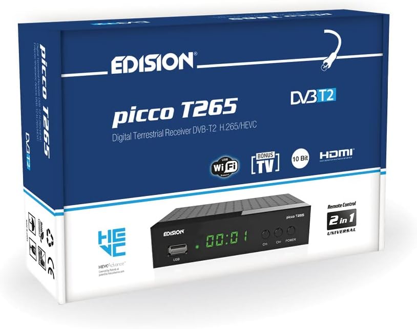 EDISION PICCO T265, TNT Haute définition H265 HEVC, DVB-T2 Récepteur, WiFi support, IR Télécommande 2en1