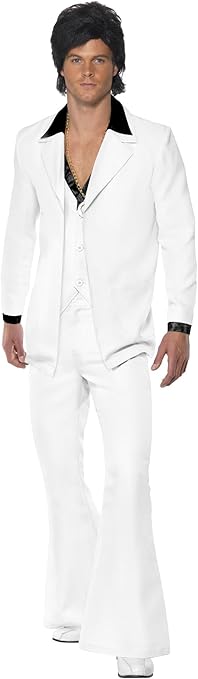 Smiffys Disfraz de traje de los 70, blanco, Chaqueta con camisa postiza, chaleco y pantalones Halloween, Carnaval