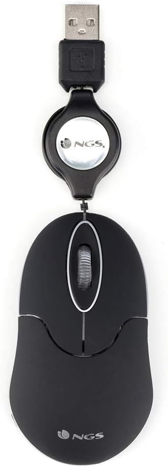 NGS SIN BLACK - Ratón Óptico 1000dpi con Cable Retráctil USB, Ratón para Ordenador o Portátil con 2 Botones, Ambidiestro