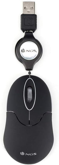 NGS SIN BLACK - Ratón Óptico 1000dpi con Cable Retráctil USB, Ratón para Ordenador o Portátil con 2 Botones, Ambidiestro