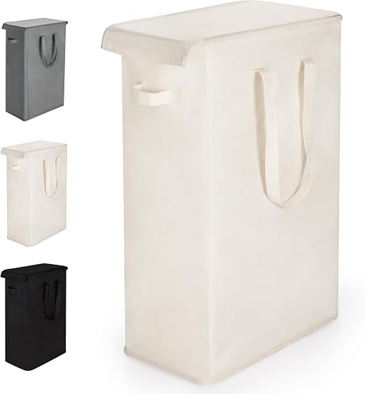 Rieeyrslza Cesta de Lavandería Estrecha con Manija Larga 55L Tela Oxford Cesto para la Colada Delgada con Tapa y Asas Cesta de Ropa Sucia Plegable Cesta de Almacenamiento, para Dormitorios(Beige)