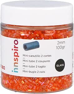 INNSPIRO Rocalla de vidrio cilindro mini aurora boreal naranja diam. 2x2mm. 100gr. Bote. Para crear pulseras y collares, ideal para manualidades y joyas con niños. Cuentas semilla.
