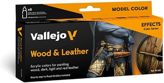 Vallejo Model Color Set de Pintura Acrílica Wood & Leather. Kit de 8 Colores de Acabado Mate en Botellas de 18 Ml con Cuentagotas y una Carta de Colores para Reproducir Madera y Cuero