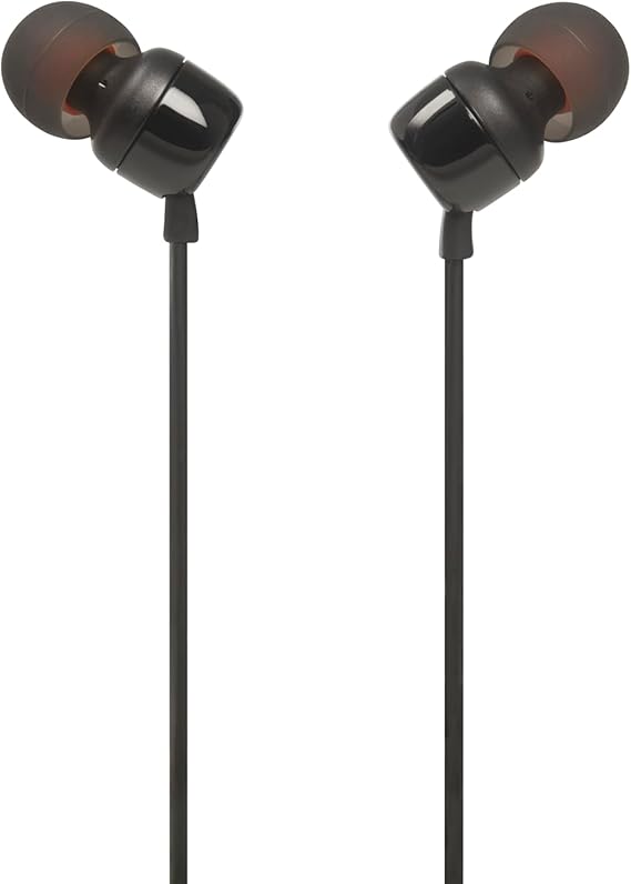 JBL Tune 110 – In-Ear Auriculares con verwicklungsfreiem Flachbandkabel y Mikrofon in Negro – para grenzenlosen Musikgenuss con der Pure Bass Sound Technologie