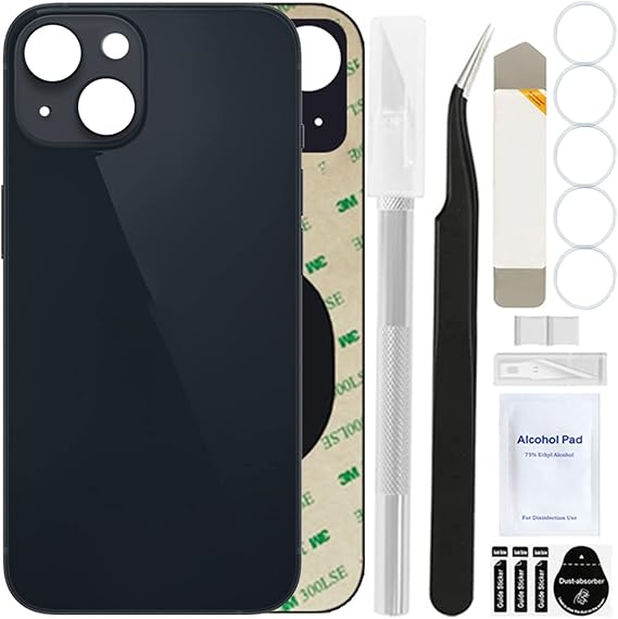 ZHUROUPU Reemplazo de Vidrio de Cubierta Trasera Trasera (sin Logotipo) para iPhone 13, Kit de Herramientas de reparación Profesional, Adhesivo preinstalado y Bandas de Goma (6.1 Pulgadas/Medianoche)