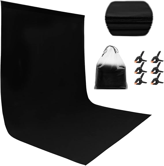 Miorkly Fondo de Fotográfico Estudio,1.8x2.8M Croma Negro Backdrop para Estudio Fotografía Pantalla,100% Poliéster Fondo Antiarrugas,con 6 Clip + un Bolsillo - Soportes no incluidos
