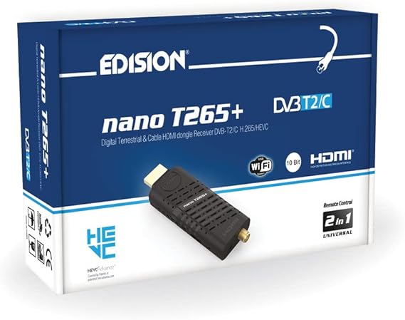 EDISION Nano T265+ Receptor dongle HDMI Terrestre TDT DVB-T2 y por Cable DVB-C, H265 HEVC, FTA, Full HD, PVR, USB, HDMI, Sensor IR, Soporte USB WiFi, Mando a Distancia Universal 2en1
