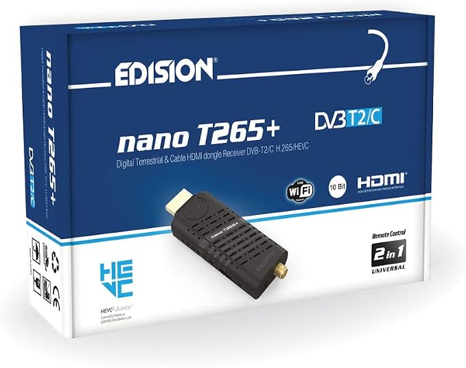 EDISION Nano T265+ Receptor dongle HDMI Terrestre TDT DVB-T2 y por Cable DVB-C, H265 HEVC, FTA, Full HD, PVR, USB, HDMI, Sensor IR, Soporte USB WiFi, Mando a Distancia Universal 2en1