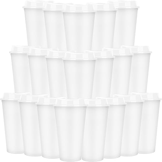 20 tazas de café reutilizables con tapas, vasos de plástico de 470 ml, taza de café helado, taza de viaje para adultos y mujeres, niños, bebidas frías y calientes, aptas para microondas (blanco)