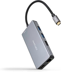NANOCABLE 10.16.1009 - Hub Conversor 9 en 1, Conector USB-C 3.2 GEN1 5G Macho a 3 Puertos USB-A + 2 Puertos HDMI + RJ45 + TF + SD + USB-C PD 100W, Aluminio, 15 cm, Color Gris