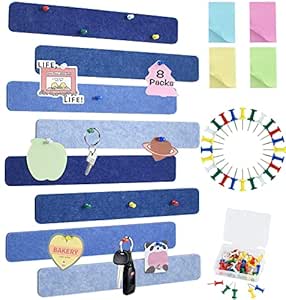 Vuzvuv 8 tiras para tablón de anuncios con 50 chinchetas y 10 pines de clip de madera, tablero de corcho autoadhesivo para pared, tablero de fieltro para escuela, decoración de oficina (azul)