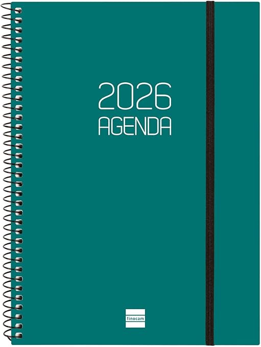 Finocam - Agenda Espiral 2026 Semana Vista Horizontal | Enero - Diciembre (12 meses) | Agenda Anual 2026 con goma | Tapa de polipropileno Espiral Opaque - Verde - Español