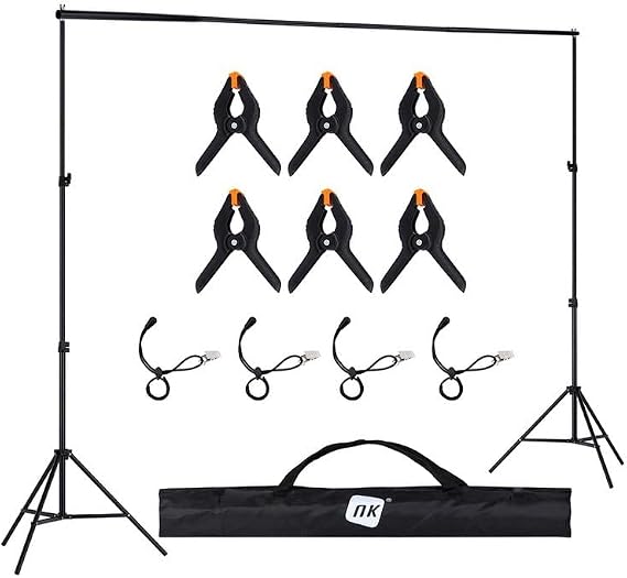 NK Soporte de Fondo para Fotografía Profesional 2 x 3 Metros Ajustable y Retráctil, 2X Trípode, 1x Barra Transversal entrelazada, 6X Pinzas, 4X Abrazaderas Laterales de Velcro, 1x Bolsa de Transporte