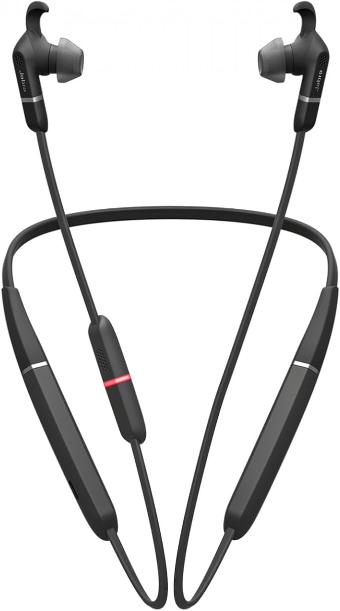 Jabra Evolve 65e In-Ear Auriculares – Microsoft Certified Active Cancelación de ruido Bluetooth Auriculares with Neckband for Inalámbrico Calls, Music and Vibrating Alerts, Negro