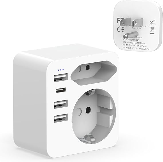 Hoppac Adaptador Enchufe Americano,6 en 1 Adaptador Enchufe Español a Americano con 3 USB A y 1 USB C (3.4A 17W), Adaptador Europeo a Americano Portátil Aplicable A EE. UU., Canadá,Tailandia,Tipo B