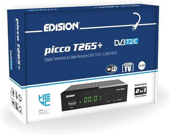 EDISION PICCO T265+ Decoder Digitale Terrestre 2024 Full HD DVBT2 H265 HEVC 10 Bit Bonus TV, FTA, USB, HDMI, SCART, Sensore IR, Supporto USB WiFi, Telecomando Universale 2in1, Main 10