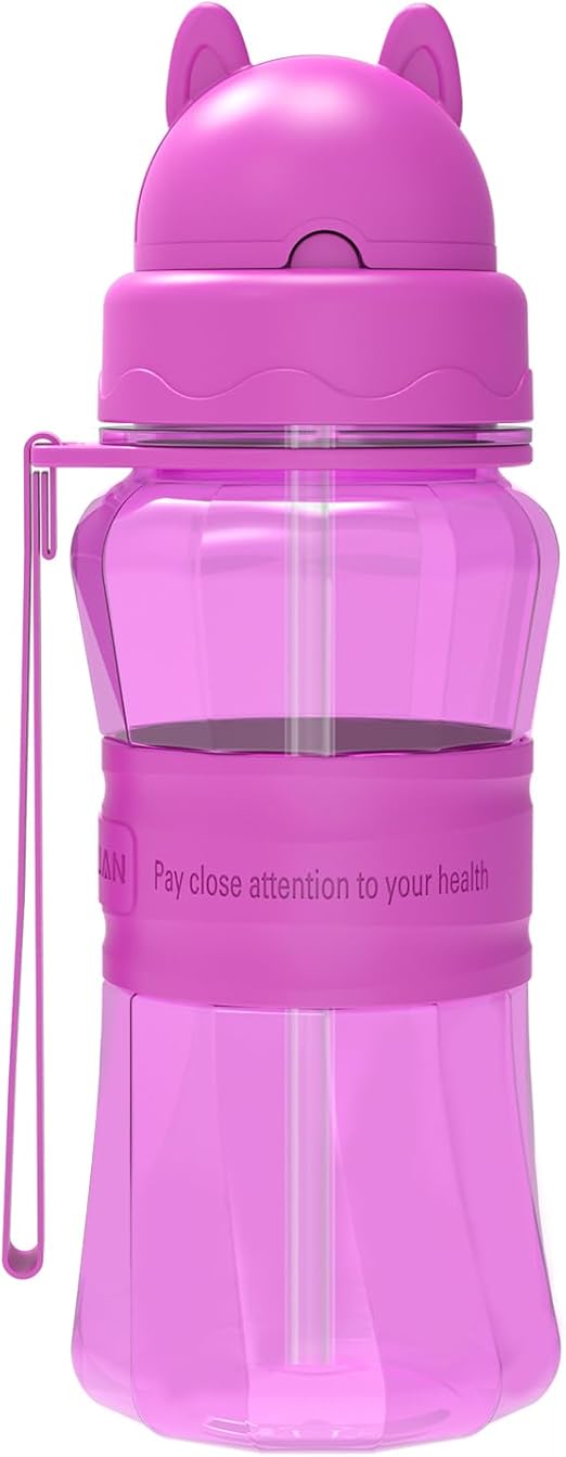 Sigdio Botella de Agua con Pajita Niñas, Antigoteo, Botella de Agua Infantil, Sin BPA, a Prueba de Fugas, Fácil de Limpiar, para Guarderia, Colegio, Escolary (Morado)