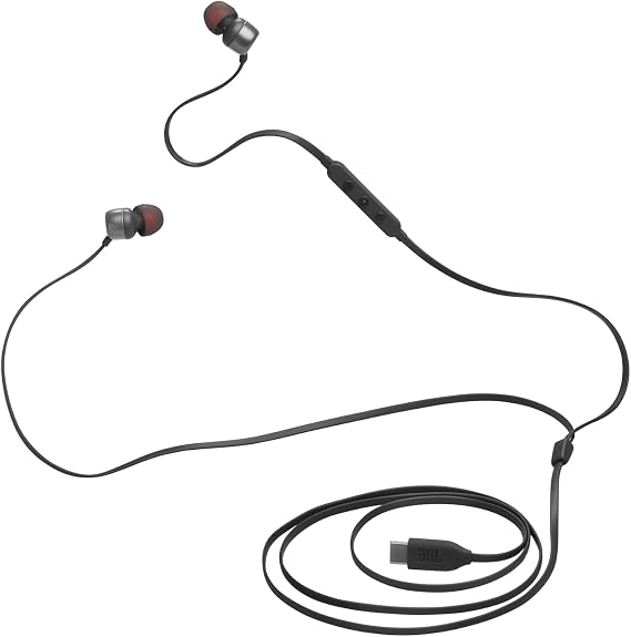 JBL Tune 310 C USB-C Auriculares intraaurales con micrófono y audio de alta resolución, cable plano antienredos, 3 botones de control, control de preajustes de volumen y EQ, en negro