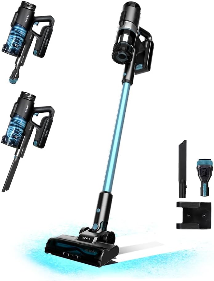 Cecotec Aspirador Escoba 3 en 1 Conga Rockstar 1500 Ray Free. 215 W, 12 kPa, Autonomía de 45 Minutos, Cepillo Mixto, Depósito de 500 ml, Ciclón Paralelo, Accesorio 2-1 y Accesorio Esquinas