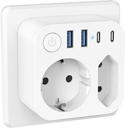 6 en 1 - Regleta de pared con 4 USB (2 tipo-C), adaptador de corriente 2 tomas con interruptor eléctrico, ideal para escritorio, color blanco