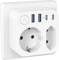 6 en 1 - Regleta de pared con 4 USB (2 tipo-C), adaptador de corriente 2 tomas con interruptor eléctrico, ideal para escritorio, color blanco