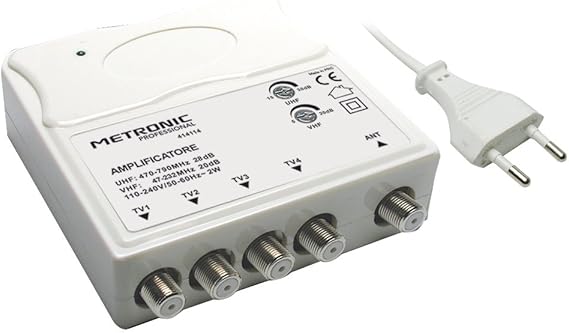Metronic 414114 - Amplificador de Interior TV VHF/UHF para TDT con Filtro LTE, Compatible 5G, VHF 20 dB, UHF 28 dB, Gacia Ajustable, 1 Entrada/4 Salidas Tipo F, Blanco