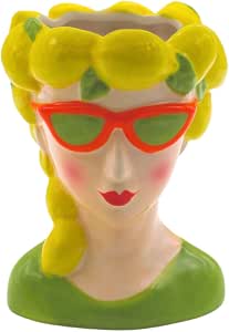 Jarrón decorativo XL, cabeza de jarrón, para mujer, como mujer con adorno de limón, cerámica con decoración de limón