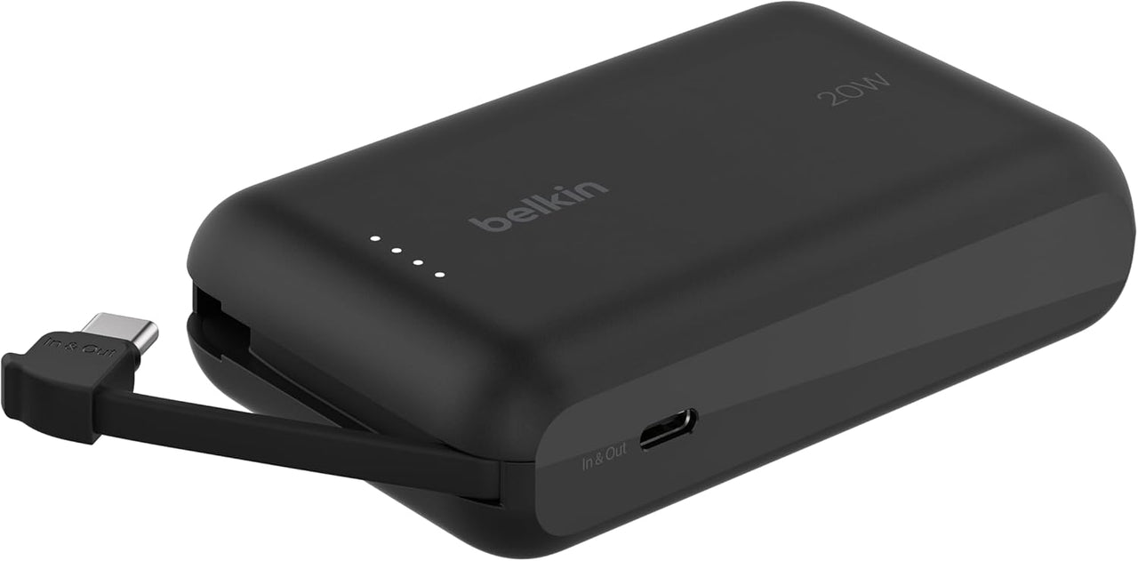 Belkin BoostCharge batería Externa de 10 000 mAh, Power Bank portátil con Cable Integrado PD (20 W), Carga rápida por USB-C Power Delivery 10K, Cargador móvil, iPhone 16, iPad Pro, Galaxy S24 y Otros