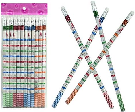 Juego de 12 lápices con goma de borrar, con tablas de multiplicar impresas en tamaño pequeño, para calcular y practicar