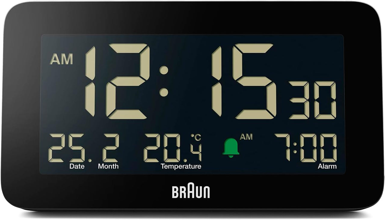 Braun Reloj Despertador Digital Fecha, Mes y Temperatura en Pantalla, Pantalla LCD Negativa, Ajuste rápido, Alarma de pitido Crescendo en Negro, Modelo BC10B (1 Paquete)