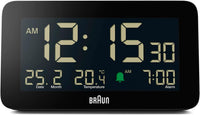 Braun Reloj Despertador Digital Fecha, Mes y Temperatura en Pantalla, Pantalla LCD Negativa, Ajuste rápido, Alarma de pitido Crescendo en Negro, Modelo BC10B (1 Paquete)