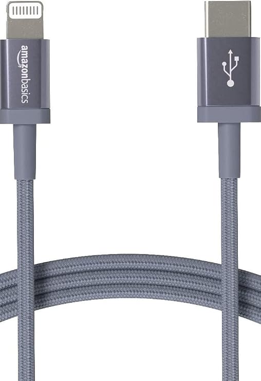 Amazon Basics Cable trenzado de nylon USB-C a Lightning, cargador certificado por MFi para iPhone 13/12/11/X/XS/XR/8, 0.9 m, Gris oscuro