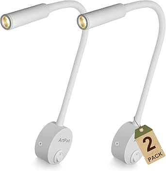 Artpad Paquete de 2 focos de pared blancos, lámpara de curva de cabecera de luz blanca cálida suave, lámpara de noche de lectura minimalista montada en la pared de 3 vatios con interruptor de botón