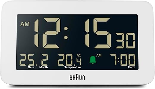 Braun Reloj Despertador Digital visualización de Fecha, Mes y Temperatura, Pantalla LCD Negativa, Ajuste rápido, Alarma en Crescendo, Blanco, Modelo BC10W.