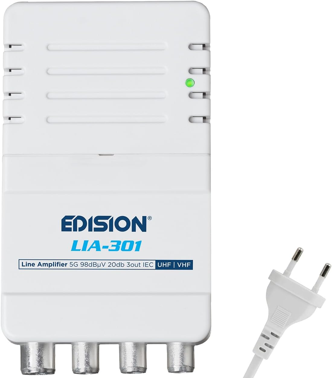 EDISION LIA-301 Amplificador Interior de Vivienda UHF/VHF, 5-20db Ajustable, 98dBmV, para Digitale Terrestre DVB-T/T2, con Filtro 5G LTE, 1 Entrada, 3 Salidas, Conectores CEI