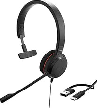 Jabra Evolve 20 Mono Headset - Auriculares certificados por Microsoft para VoIP Softphone con cancelación pasiva de Ruido - USB-C/A - Negro