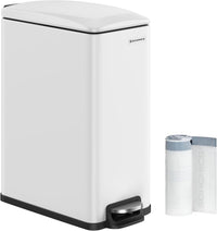 SONGMICS Cubo de Basura de Cocina de 48 L, Basurero con Pedal Delgado para Espacios Estrechos, Tapa de Cierre Suave y Cubeta Interior, Acero, con 15 Bolsas Incluidas, Blanco LTB510W4802