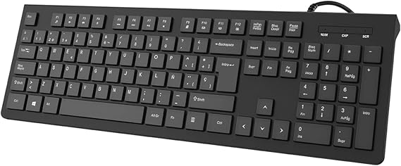 VEILZOR Teclado USB, Teclado QWERTY Español, Teclado Ordenador con Cable,Tamaño Estándar,Soportes Plegables,Resistente a Salpicaduras, Letras Antidesgaste para Windows, Mac, Laptop