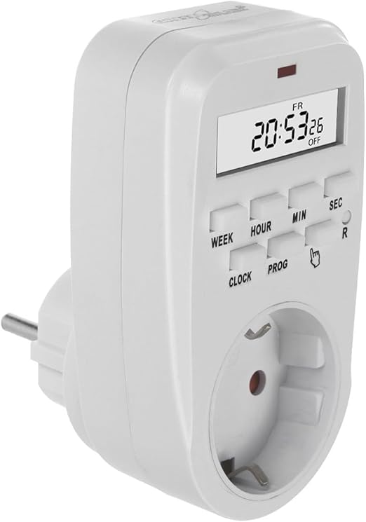 Green Blue GB362 F Enchufe Temporizador Digital, Interruptor con 2 Modos de Funcionamiento, 8 Programas y 16 Combinaciones, Carga máx. 16A, 3680W, IP20