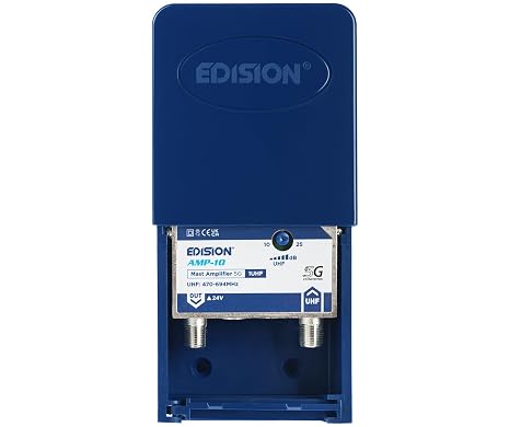 EDISION AMP-10 Mastverstärker 1UHF, 10-25db Einstellbar, 107dBmV, 24V, para Digitale Terrestrische DVB-T/T2 Antennnen adecuado, Frequenzbereich UHF 470-694Mhz, 5G LTE Filter